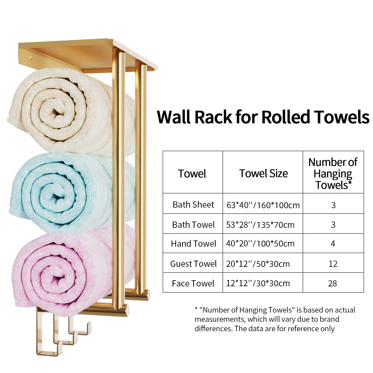Towel Rack With Metal Shelf And 3 Hooks, Bethom Towel Racks For Bathroom Wall Mounted, Metal Gold Bath Towel Holder Storage Wall